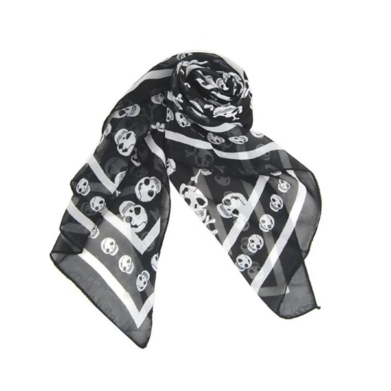 Black Chiffon Silk Feeling Skull Print Fashion Long Scarf Shawl Scaf Wrap For Women