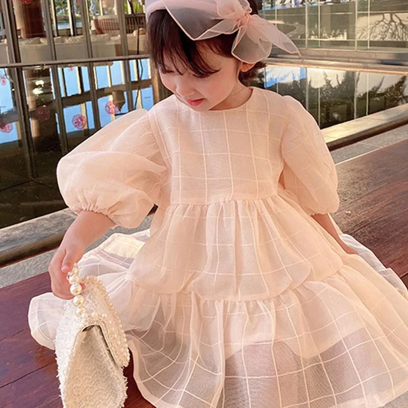 Summer Girls Dress Sweet New Style Plaid Light Color Puff Sleeve Princess Dress Baby Kids Clothes Children\'S Clothing