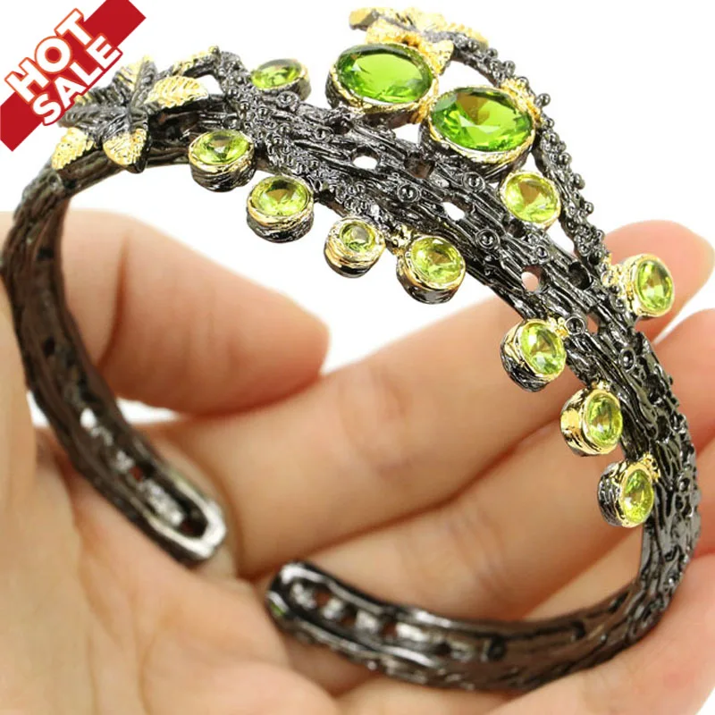 

68x37mm Vintage Big Heavy 45g Created Green Peridot Amethyst Paris Blue Topaz Black Metal Silver Cuff Bangle Bracelet 7.5"