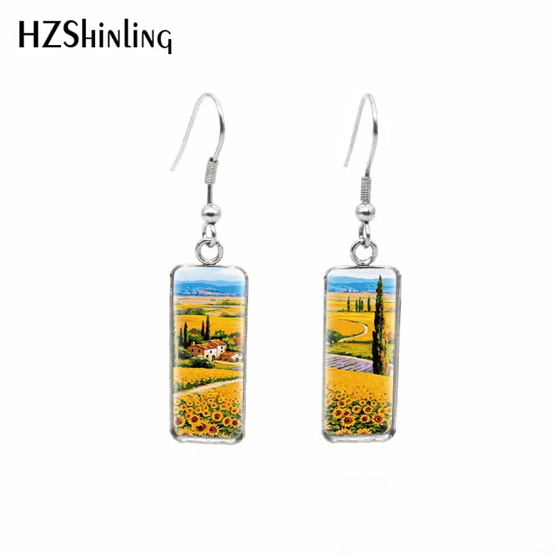 2020 New Sunflower Garden Earring Yellow Flowers Rectangular Hook Earrings Glass Dome Photo Jewelry Handmade