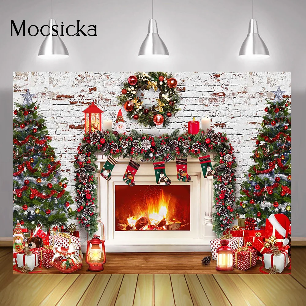 

Photography Backdrop Winter Christmas Fireplace Photoshoot Brick Wall Merry Xmas Party Background Decorations Socks Gifts Wreath