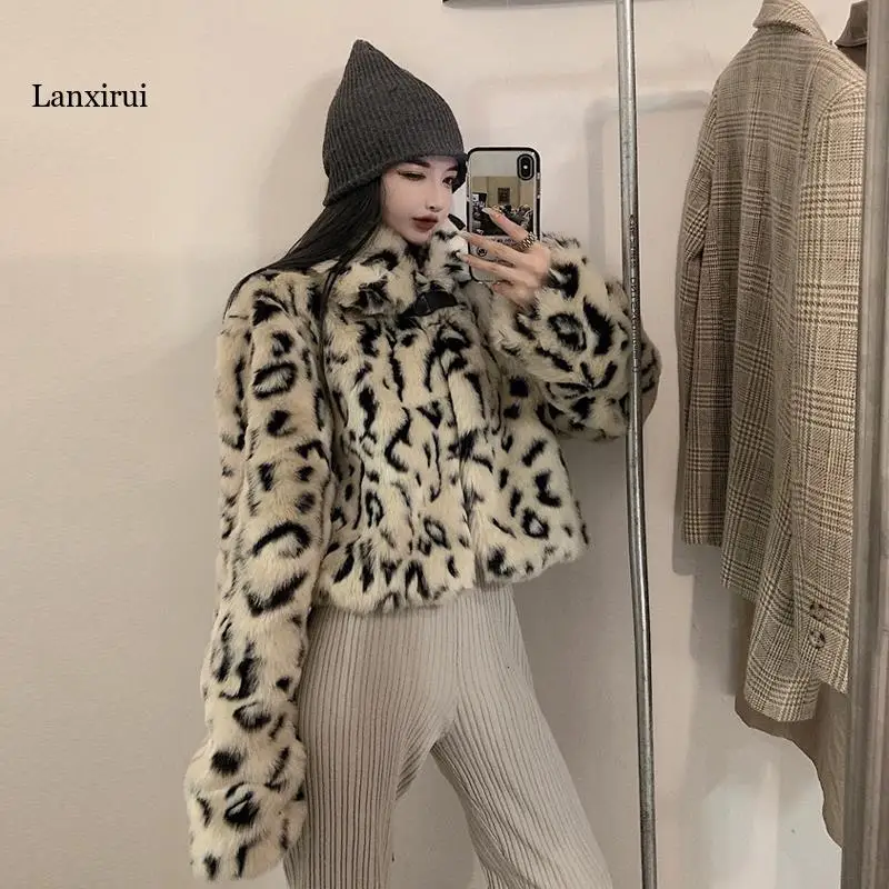 autumn winter fur coat short casual leopard print fur jacket slim wear Pocket Oversize Teddy Coat Female