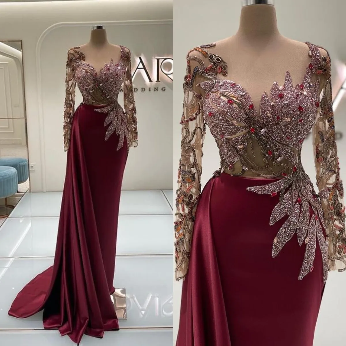 Cusomized Beading Mermaid Prom Dresses Burgundy Long Sleeve Sexy Jewel Neck Evening Dress Party Wear Sweep Train Satin Gowns