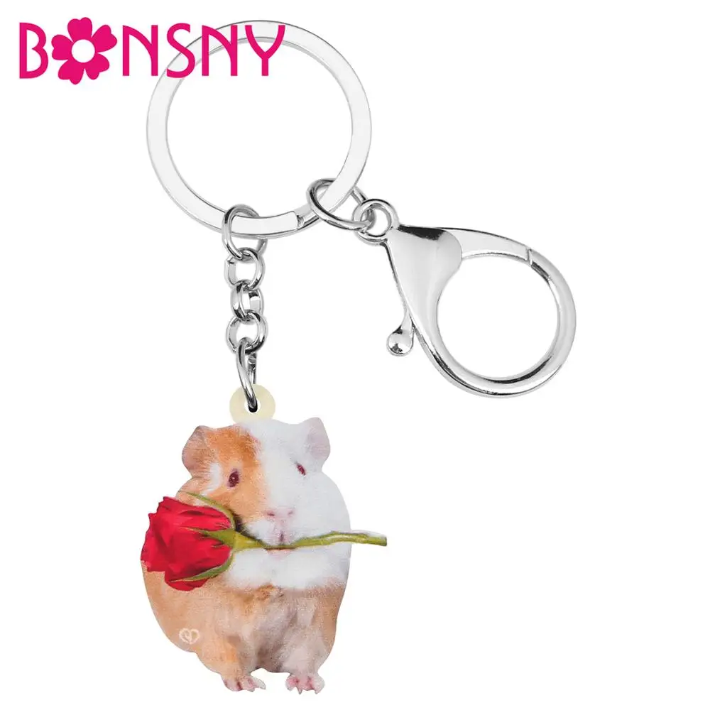 Bonsny Acrylic Valentine\'s Day Rose Guinea Pig Key Chain Ring Bag Car Wallet Decoration Animal Keychain For Women Girl Teen Gift