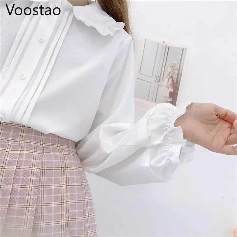 Autumn Winter Japanese Style Lolita Shirts Girly Peter Pan Collar Lantern Long Sleeve Tops Women Sweet Blouses Wear With Dress