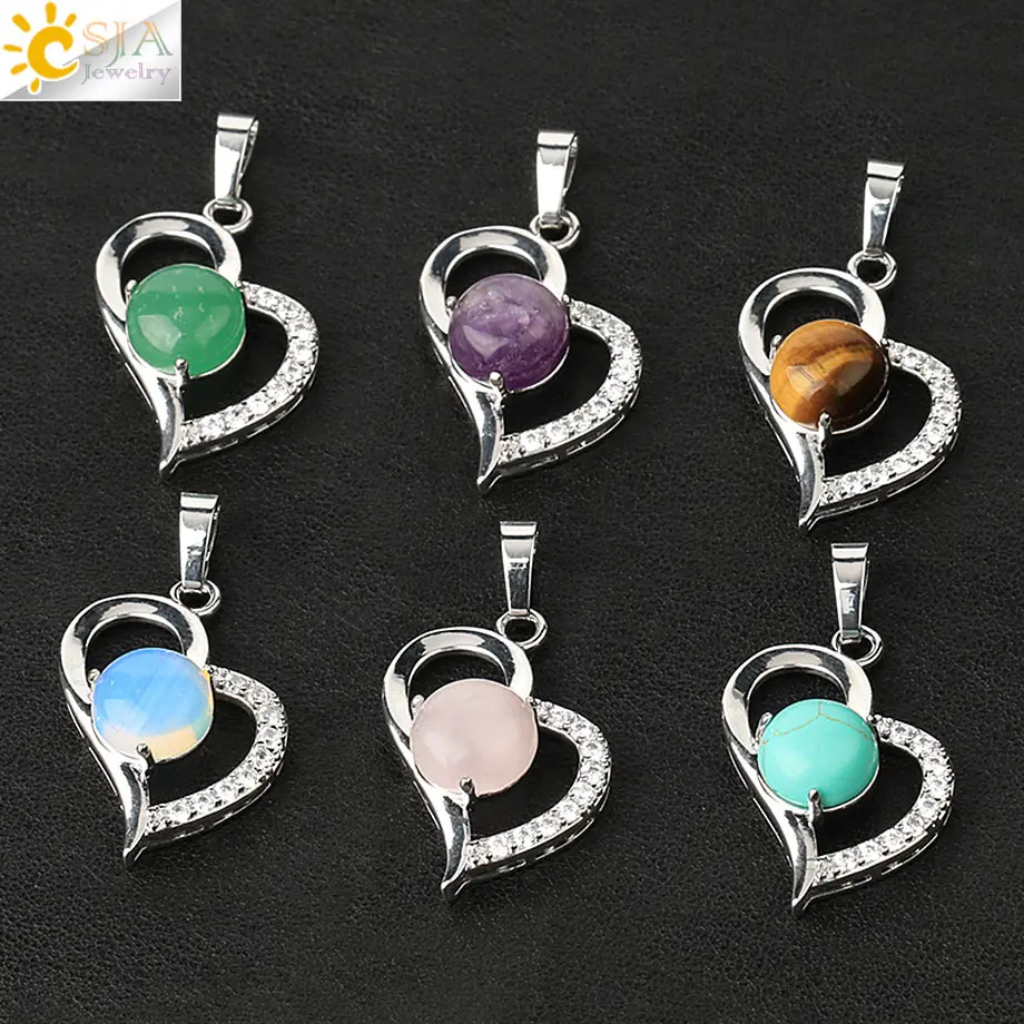 CSJA Natural Stone Heart Pendants Necklaces Cabochon Semi-precious Stones Reiki Healing Crystal Zircon Charm Jewelry Female G499