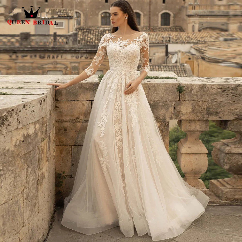 Elegante linha a vestidos de casamento 3/4 mangas tule rendas apliques formal vestido de noiva 2023 novo design feito sob encomenda ds37