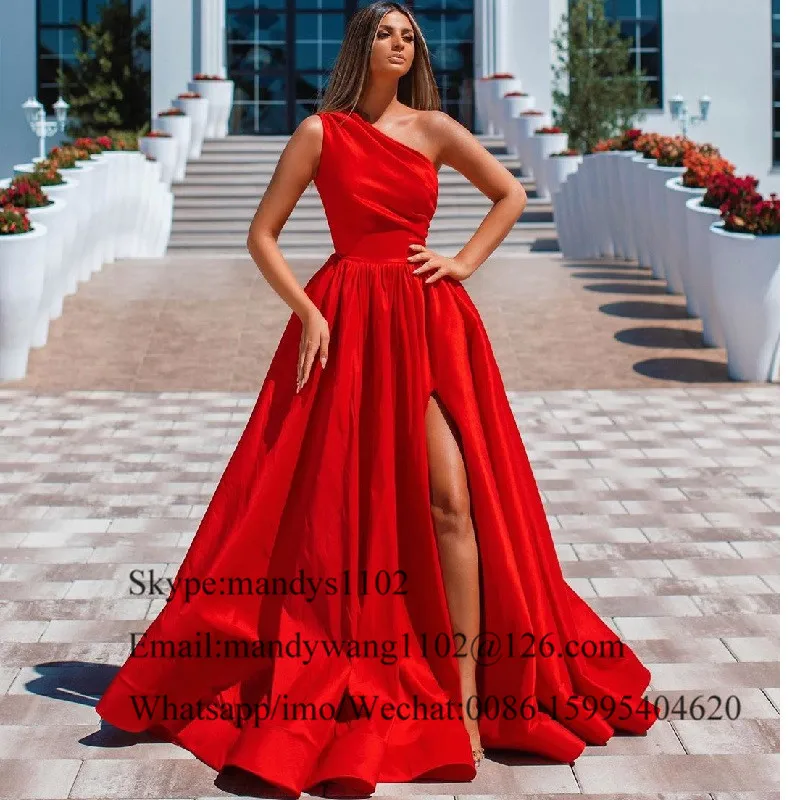 Vestido de noite feminino de cetim com bolso, um ombro, vestido de baile vermelho, divisão alta, longo, luxo, elegante, noite de festa, mulher, 2020