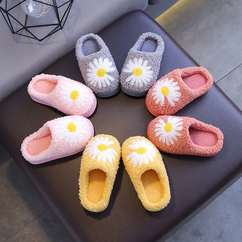 Daisy Children Furry Slippers Autumn Winter Warm Home Indoor Cotton Fluffy Slippers Comfort Non-Slip Boys Girls Toddler Shoes