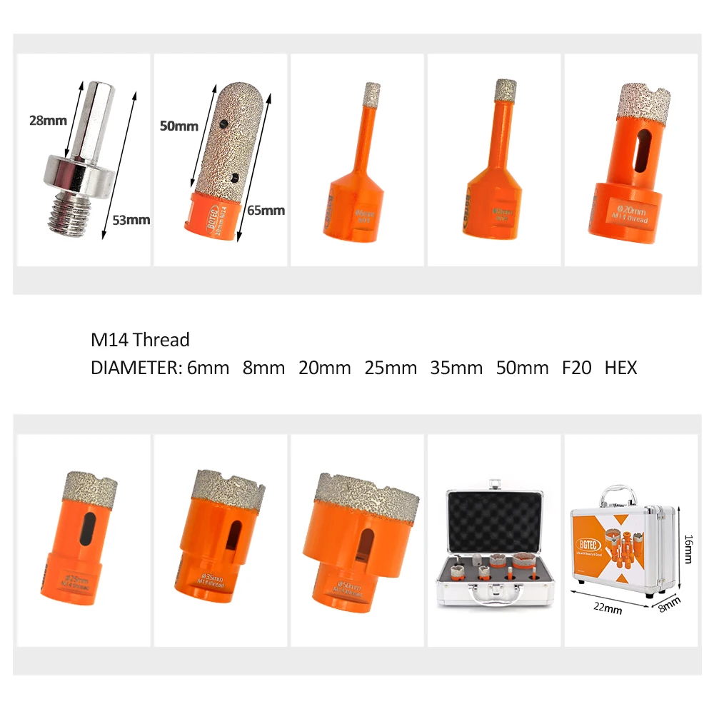 BGTEC 1ชุด M14 6/8/20/25/35/50/F20/HEX สูญญากาศ brazed Diamond Drill Core Bits กับกล่อง Hole Saw หินแกรนิตหินอ่อนเซรามิค Bit
