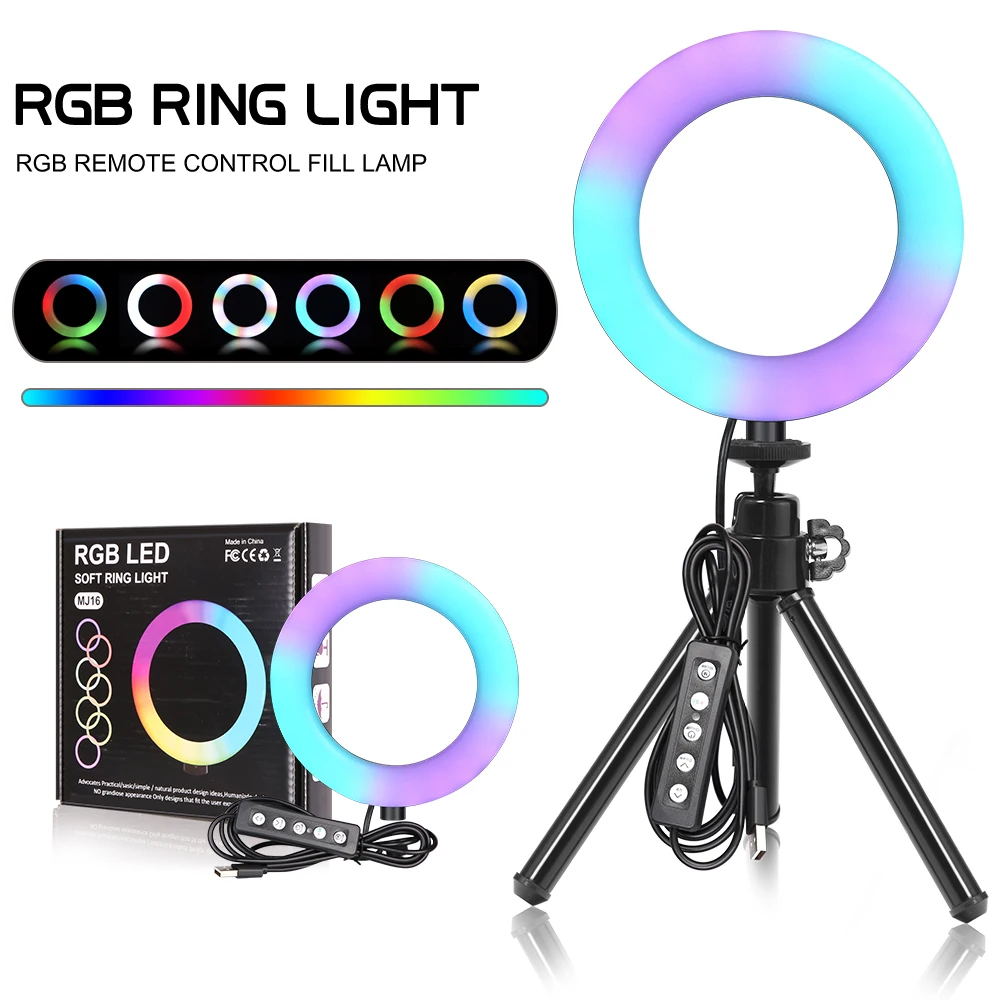 SH 16cm 6 Inch RGB Ring Light With Tripod Stand Usb Charge Selfie Dimmable Photography Video Lamp For Streaming Photography