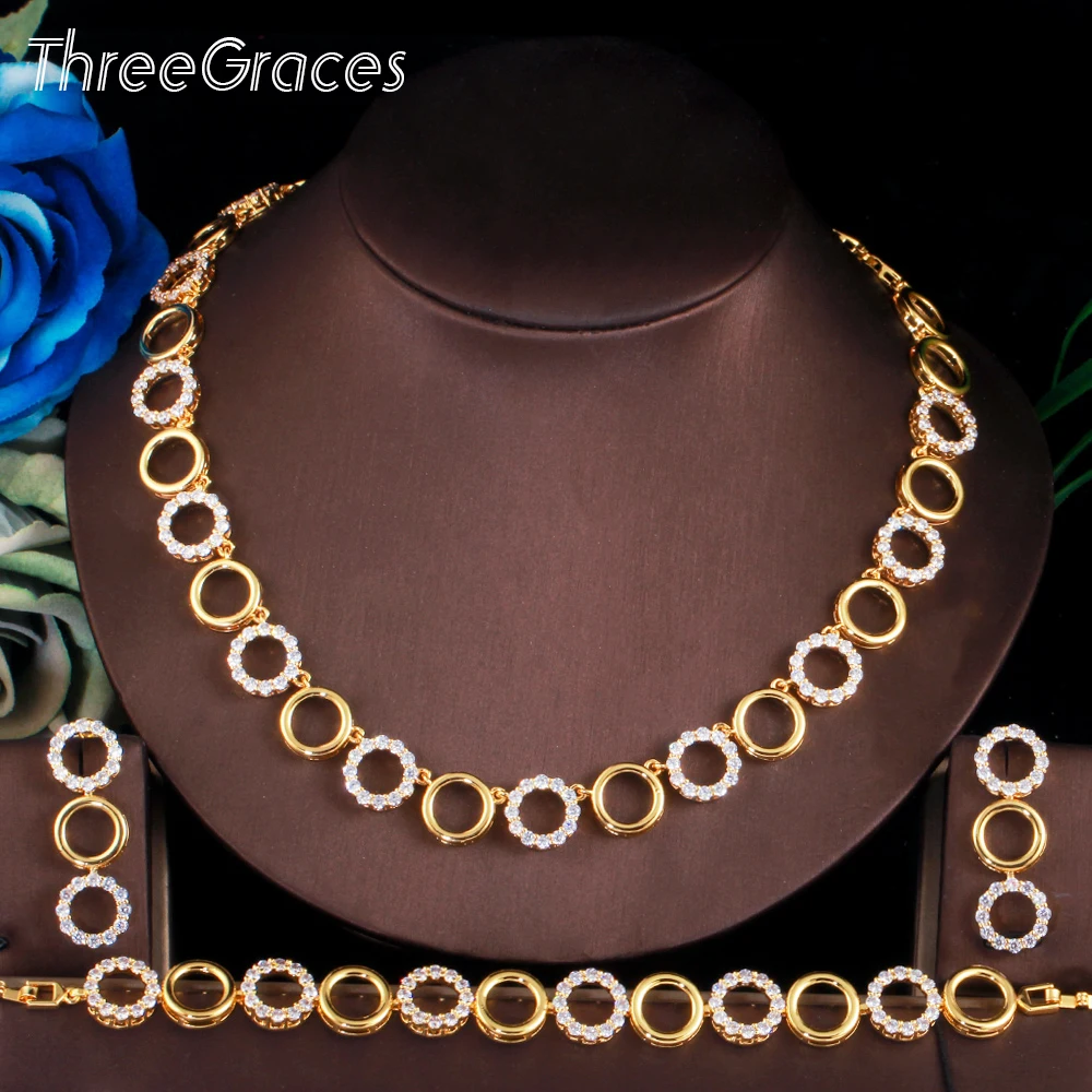 ThreeGraces 3Pcs Gorgeous CZ Gold Color Circle Link Chain Bracelet Necklace Earrings Jewelry Set Women Party Accessories TZ596