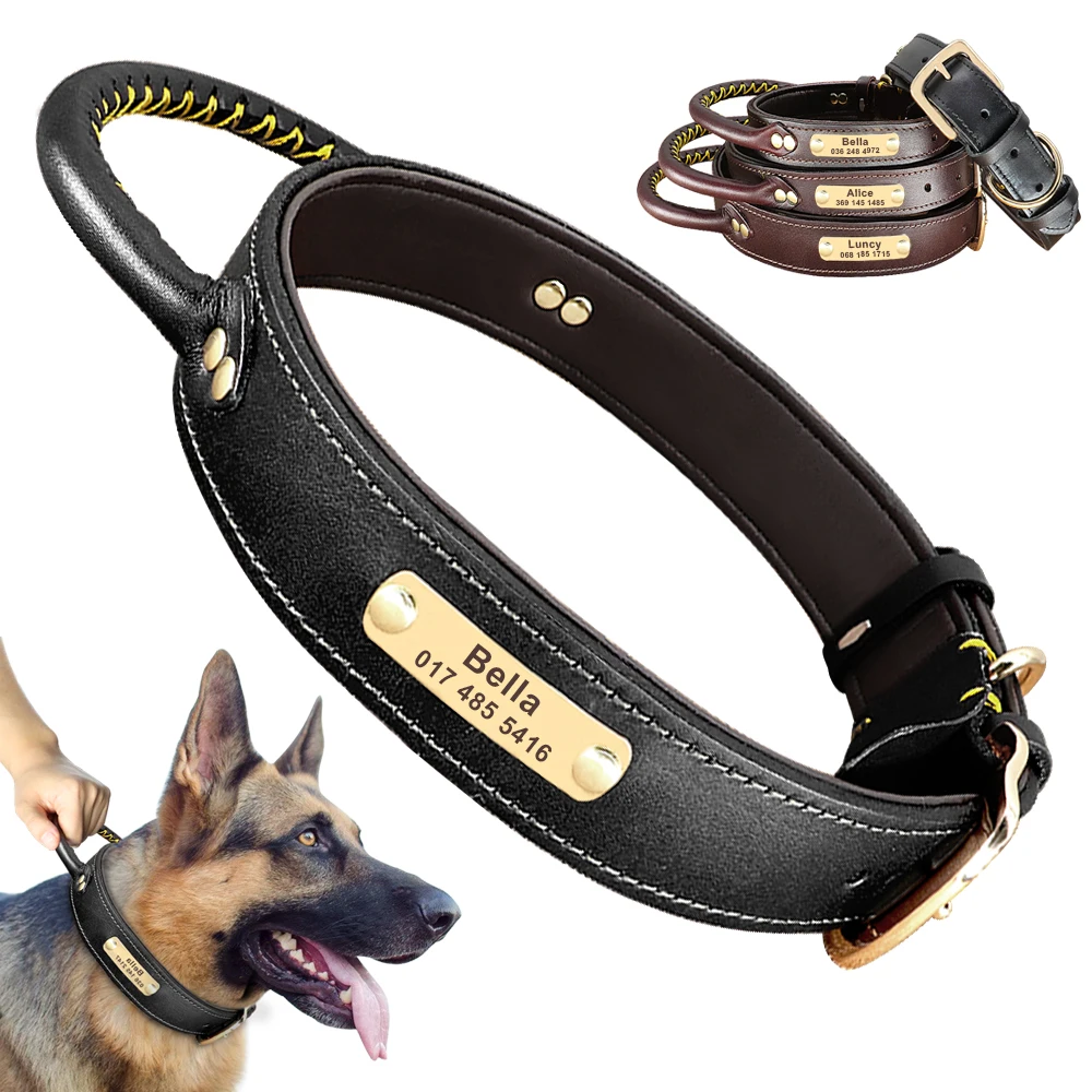 Collier de chien en cuir personnalisé avec étiquette d\'identification, plaque signalétique gravée gratuite, colliers pour animaux de compagnie avec