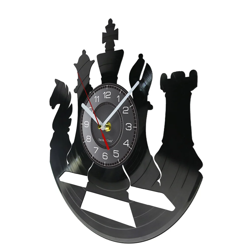 International Chess Board Game Vinyl Gramophone Record Wall Clock Set Playroom Decor Knight King Queen Vinyl Disk Craft Clock