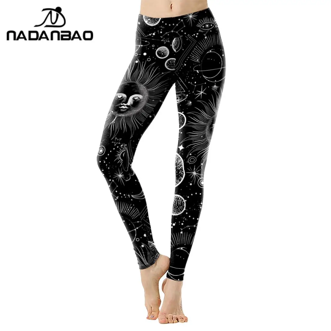 NADANBAO Gothic Women Leggings Ouija High Waist Pants Witchy Sun Moon Trousers Casual Ankle Length Workout Bottom for Yoga Sport