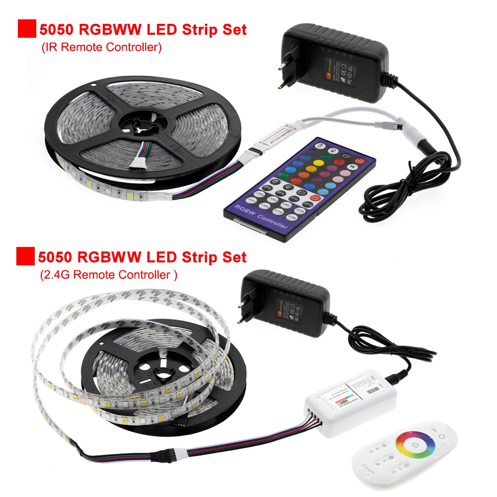 5M 5050 LED Strip DC12V RGB / RGBW / RGBWW Flexible Light Tape 300 LED RGB Strip LED set + Remote Control + Adaptor Daya