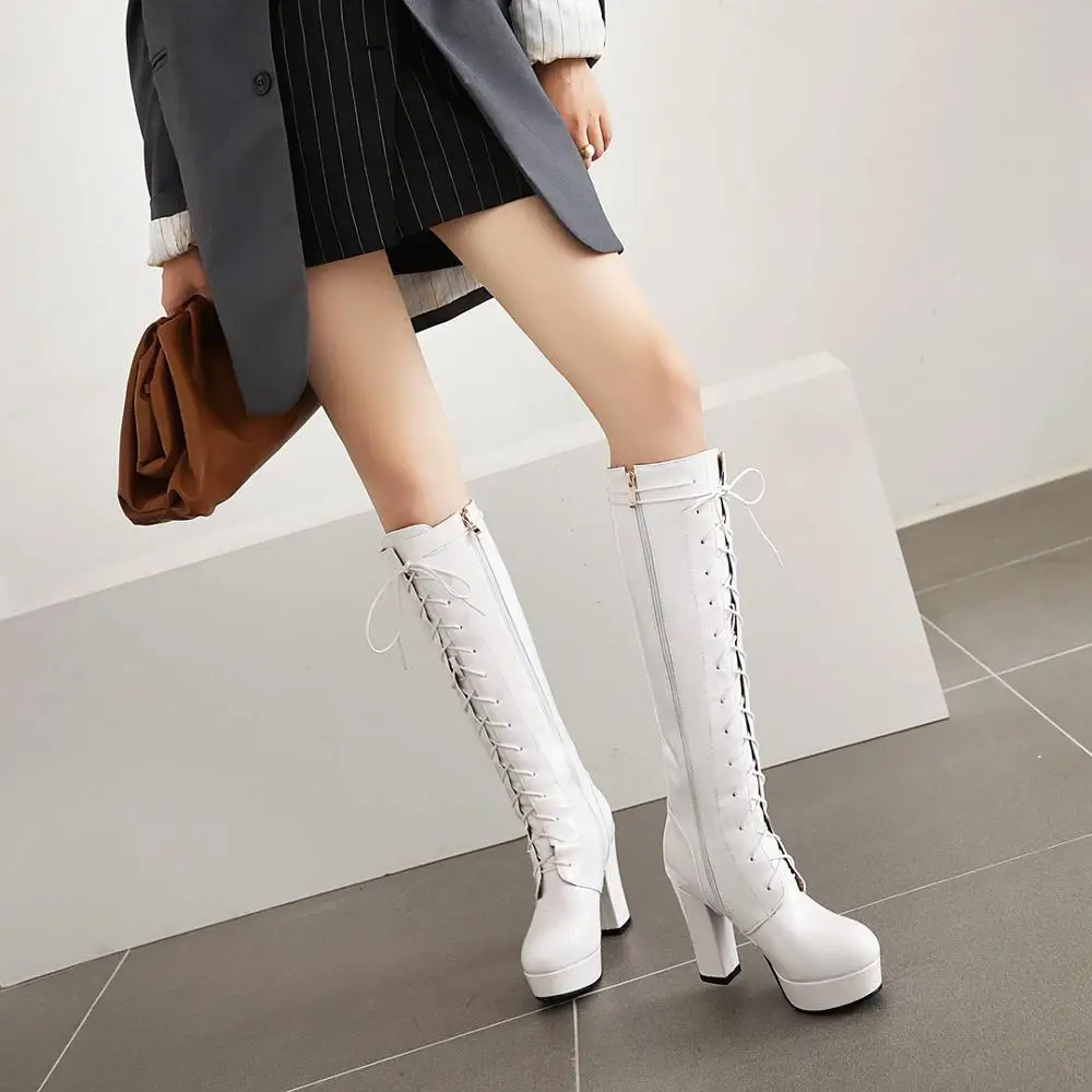 2023 Patent Leather White Lacing Knee High Boots Lace Up Ladies Platform Boots High Heels Fashion Nightclub Patry Shoes Wholesal