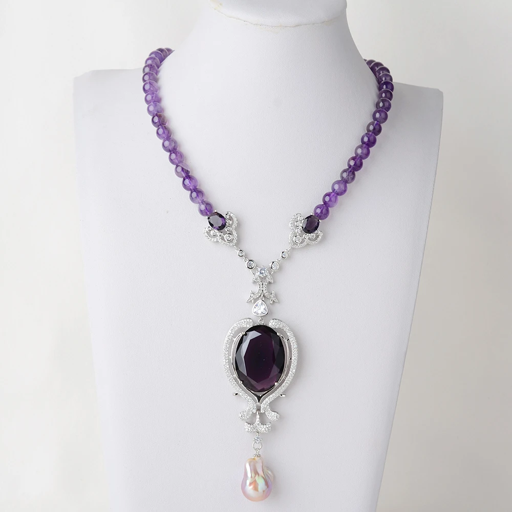 

Women's 19'' Round Amethyst Necklace Keshi Pearl CZ Pendant