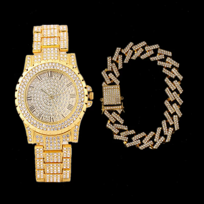 Womens Iced Out Watches Luxury Quartz Wrist Watch with Bracelet Micropave CZ Cuban Chain Hip Hop Watch for Women Men Jewelry Set