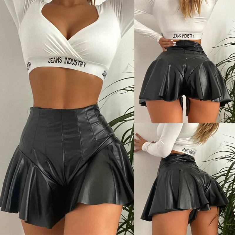 BKLD PU Leather Casual Pleated Skirt Shorts Womens Summer Clothing Bodycon A-Line Ruffles Black Short Pants Sexy Clubwear