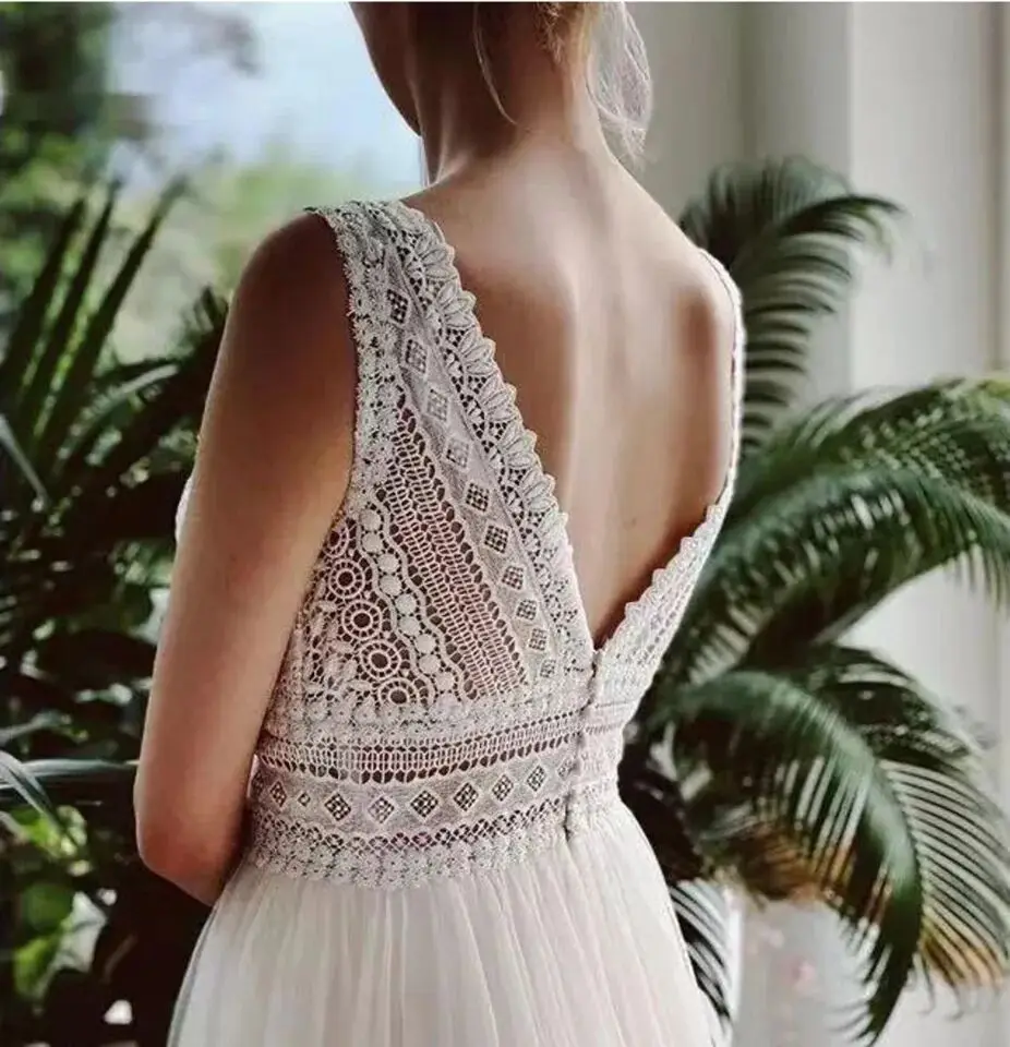 MYYBLE Đầm Vestido De Novia Boho Váy Áo Cổ V Đi Biển Ren Cô Dâu Áo Cưới Sang Trọng Bohemian Voan Một Đường Cô Dâu đầm