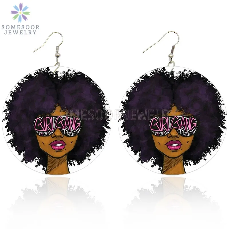 SOMESOOR Black Girl GANG Afro Curly Hair Wooden Drop Earrings Double Sides Print African Dope Wood Dangle Jewelry For Women Gift