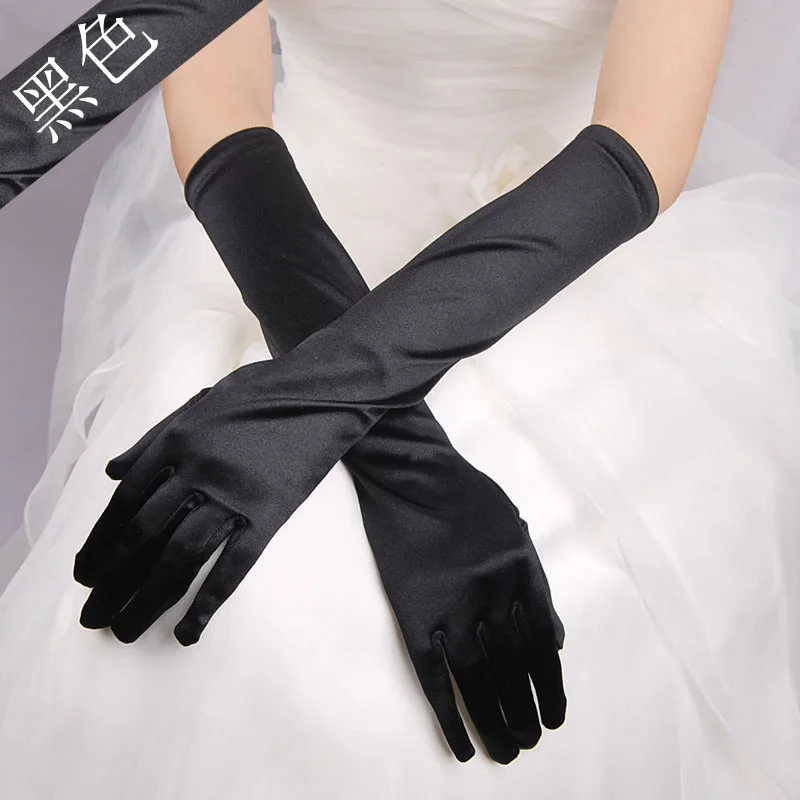 Guantes de novia elegantes de dedo largo de tul bordado con cuentas y lazo