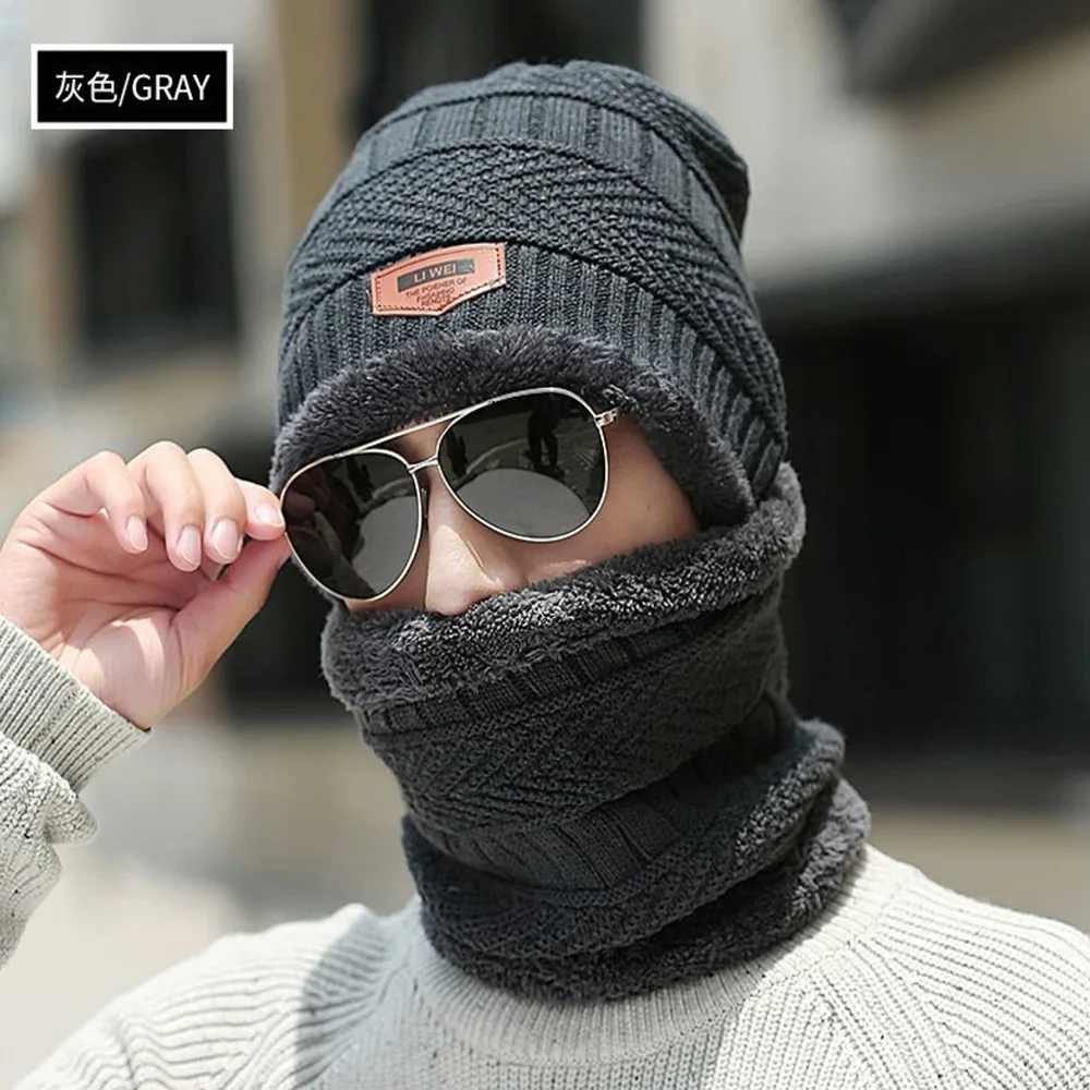 Chapéus de inverno homens de pelúcia quente malha beanie cachecol conjunto ao ar livre cor sólida masculino grosso orelha proteção boné snood kit feminino