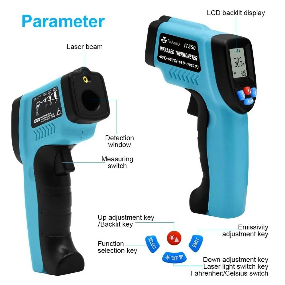 Termômetro Digital Infravermelho Gun -50 ℃ ~ 550 ℃ 0.5S Rápido IR Pyrometer Temperatura Gun Laser Nenhum Toque