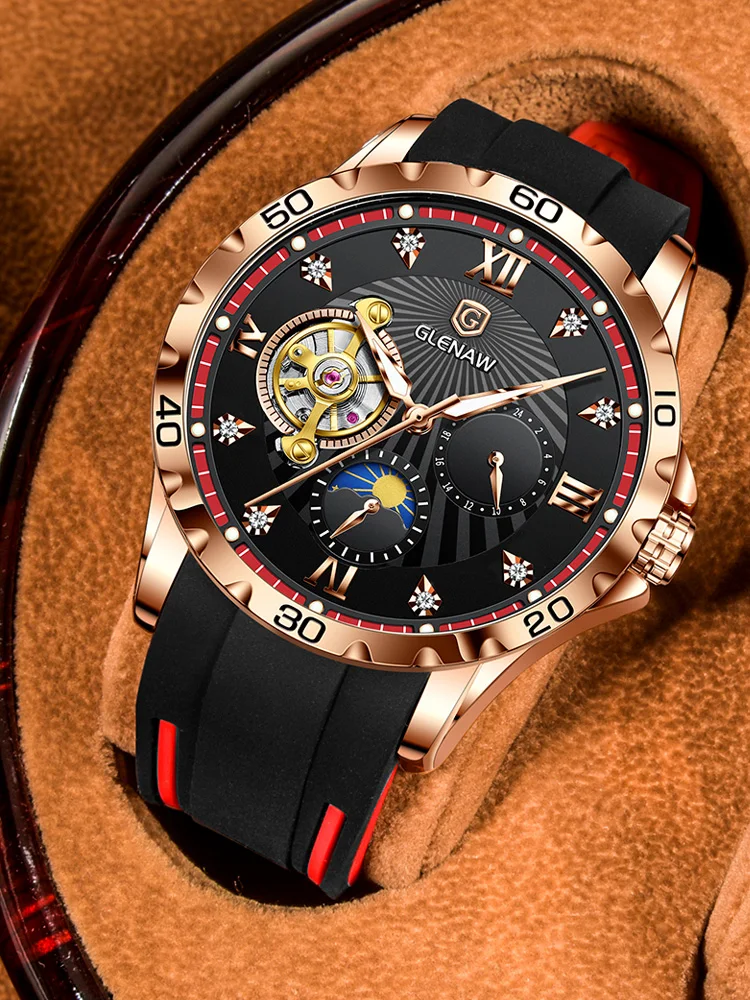 

2021 new men's watch mechanical watch fully automatic Tourbillon waterproof luminous moon phase fashion leather strap man Watch