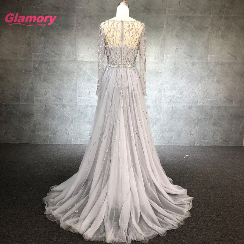 Hot Sale New Design Tulle Prom Dress Long Sleeve Evening Dresses With Crystal Beading