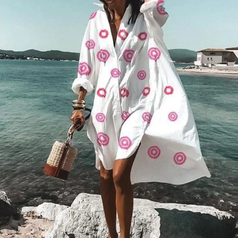 Camicia allentata da donna abito da spiaggia 2020 abito estivo con bottoni sul colletto rovesciato abito da festa a maniche lunghe con stampa