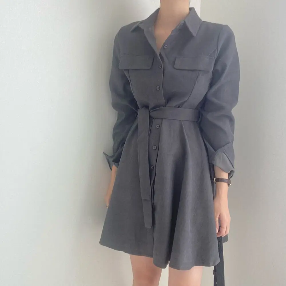 women dress spring 2021 Korea contracted temperament lapel long sleeve shirt skirt female waist lace-up casual one-piece dress