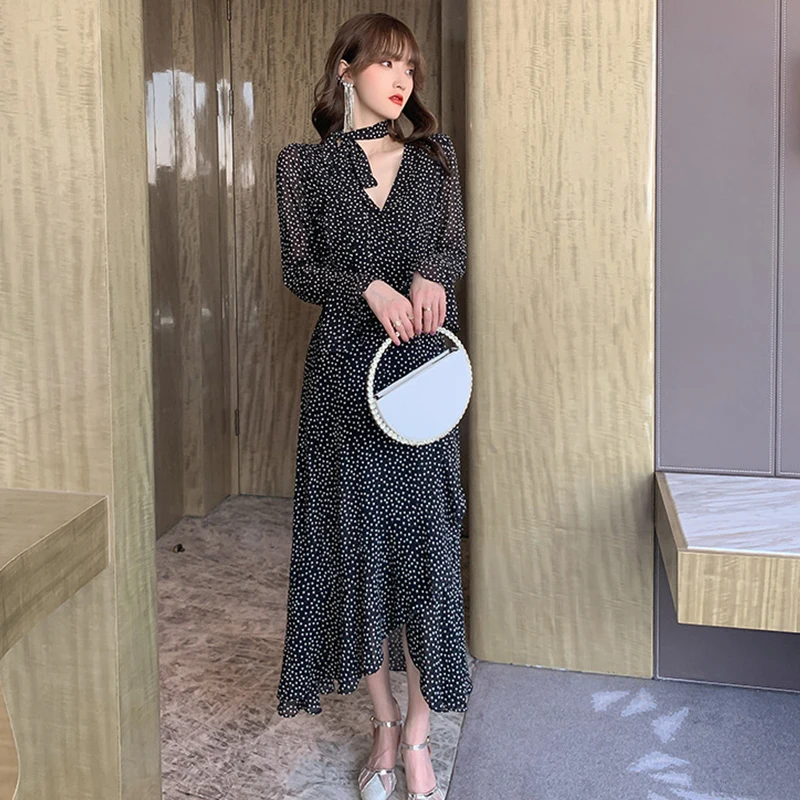 Spring Beach Maxi Wrap Dress Ladies Elegant Casual Vacation Clothes Sexy V-neck Long Sleeve Belt Boho Dot Ruffle Party Sundress