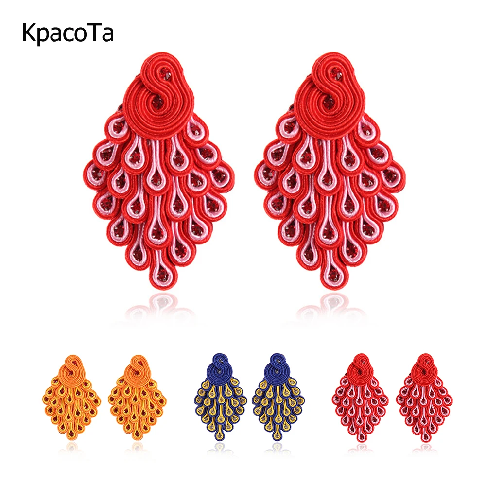 

Handmade Soutache charming Dangle earrings peacock orange blue yellow Women's earrings Large Women's earring Flash crystal gift