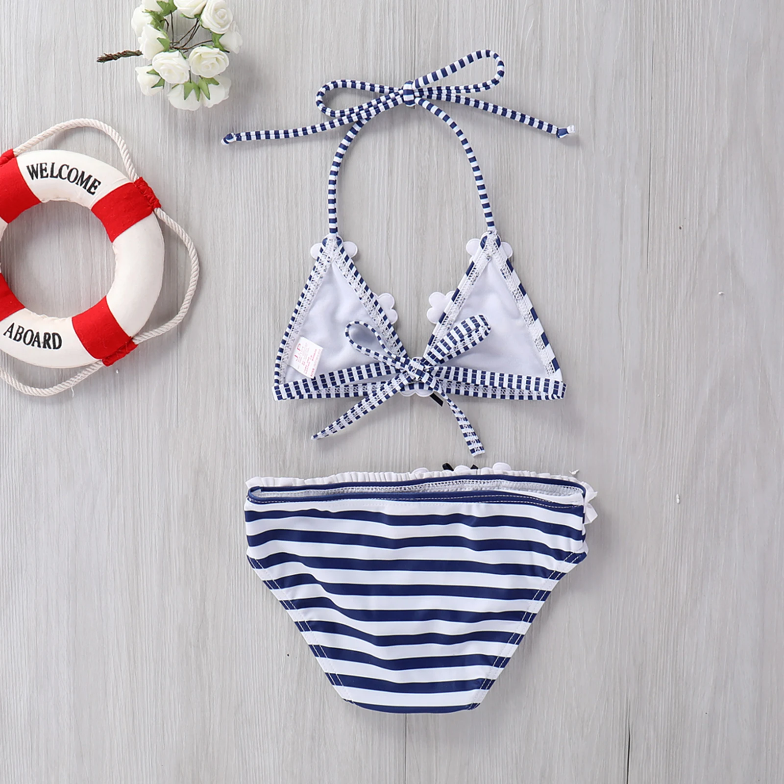 2021 Children Striped Split Swimsuit Set Girls Sleeveless Backless Deep V-neck Bikini Panties for Summer Beach Swimwear