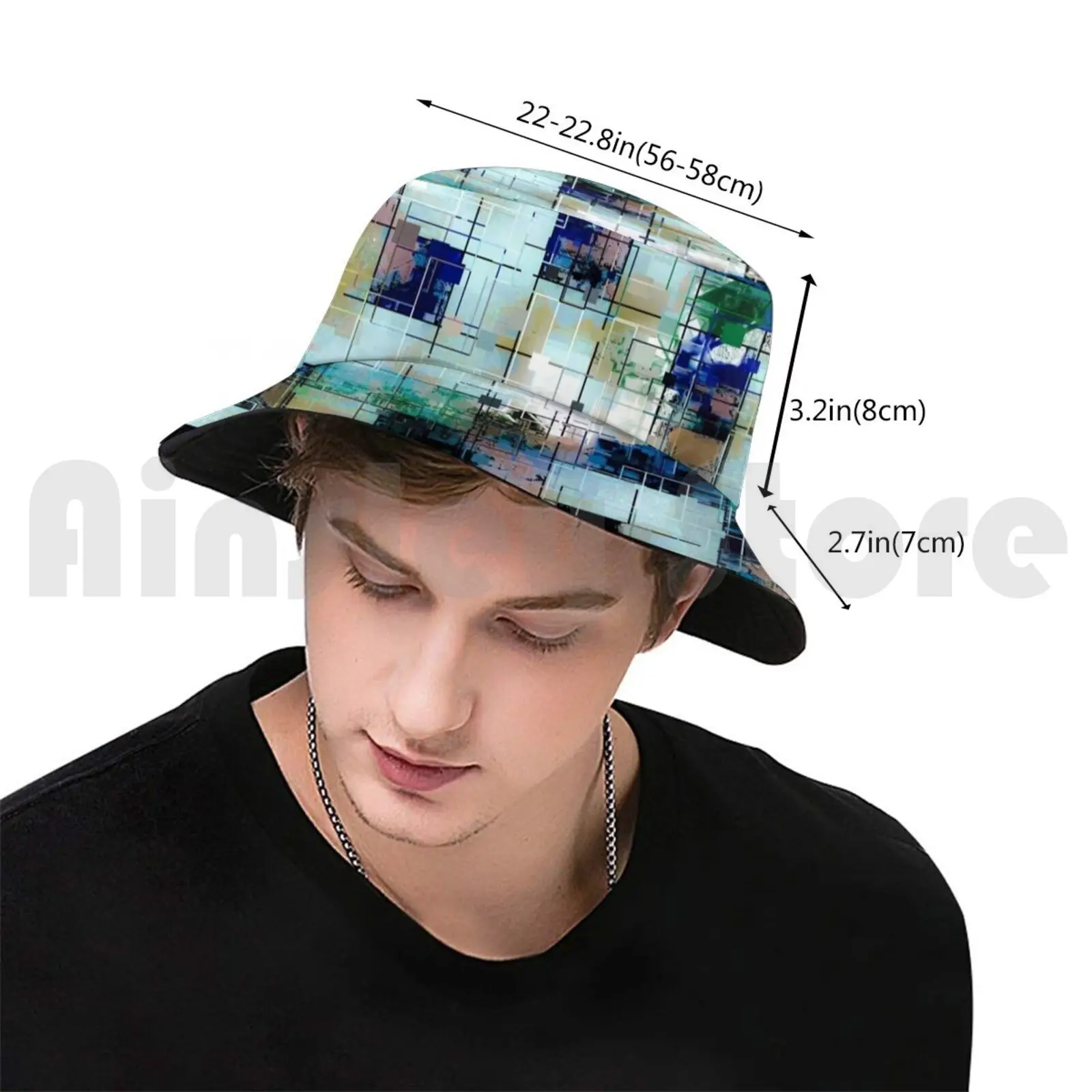 Psychedelic Geometric Square Pixel Pattern Abstract Background In Green Blue Brown Sun Hat Foldable UV Protection