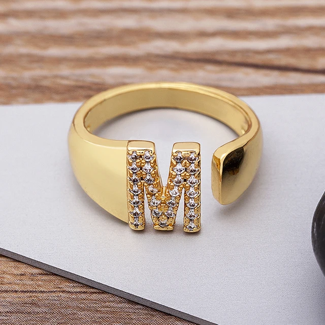 AIBEF New Fashion A-Z Letter Gold Color Metal Regulowany pierścionek otwierający Inicjały Imię dla kobiet Pierścionki na palce Biżuteria kryształowa Party