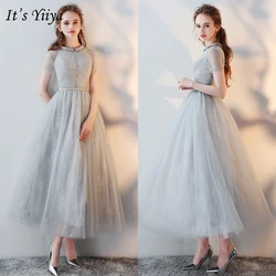 It's YiiYa Evening Dress 2019 Gray Fashion O-Neck Short Sleeve Formal Dresses Lace Zipper Women Party Night Robe de soiree LX430