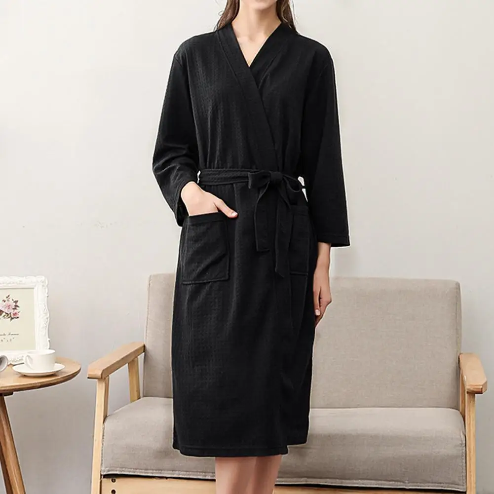 Women Bathrobe Solid Color V Neck Cardigan Long Sleeve Lady Pajamas Robes for Home