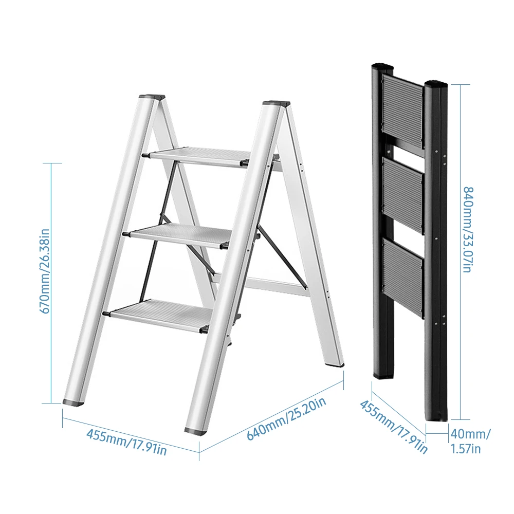 3 Step Ladder Folding Step Stool with Anti-slip Wide Pedal 330lbs Aluminum Alloy Multifunction Step Ladder Storage Shelf Stand