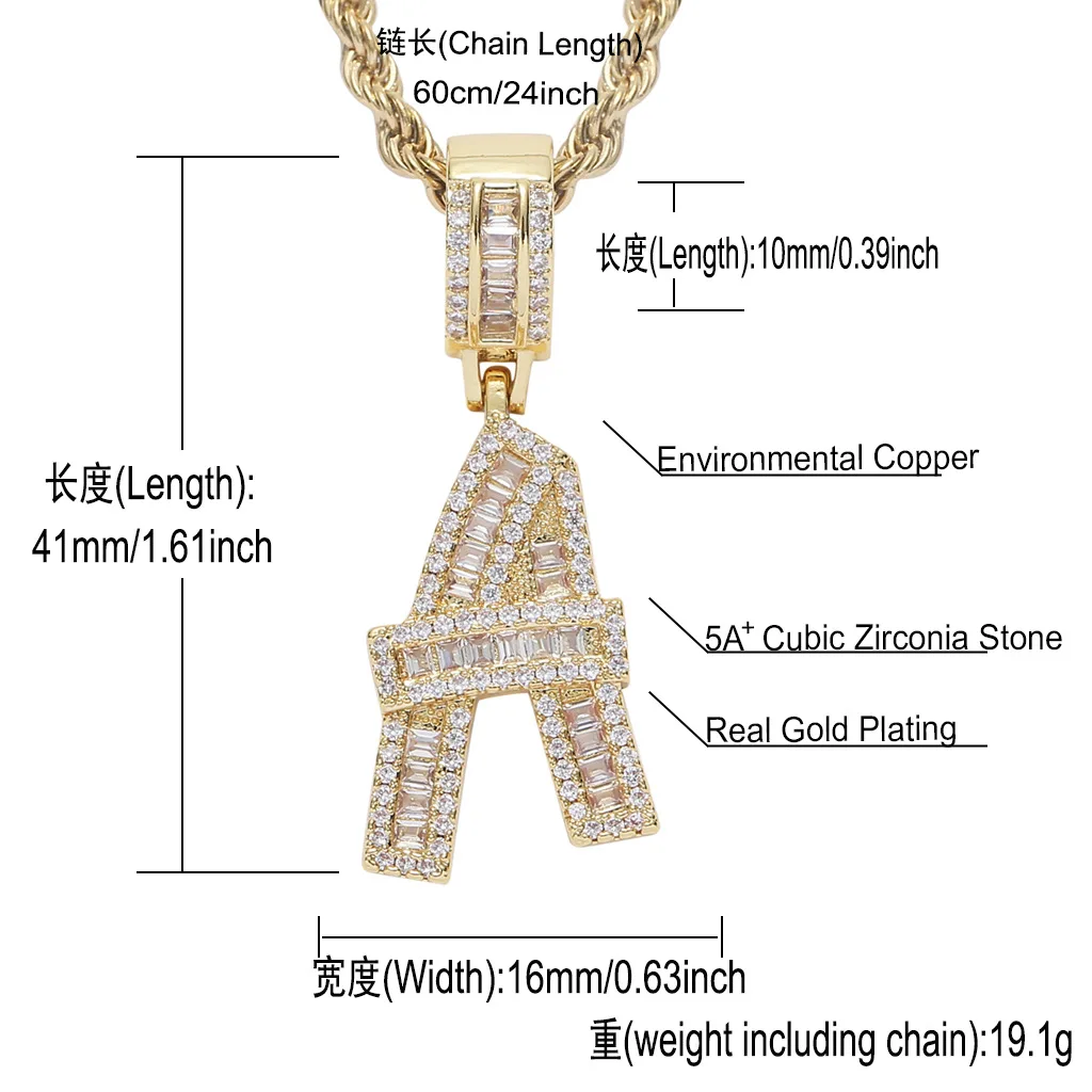 26 Square Zircon Name Letters Pendant&Necklace Mirco Pave Prong Setting for Men Hip Hop Jewelry BP174