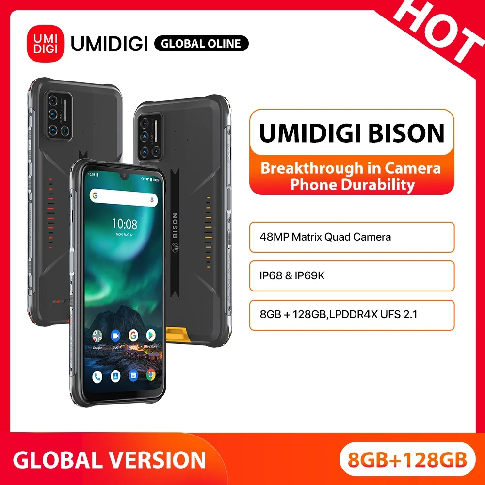 

UMIDIGI BISON Rugged Smartphone Android 11 NFC 6/8GB+128GB IP68/IP69K Waterproof 48MP Matrix Quad Camera FHD+ Display