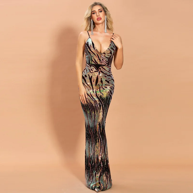 2019 Sexy Summer Spaghetti Strap Deep V-neck Robe Longue Evening Party Backless Bodycon Maxi Paillette Sequin Long Dresses