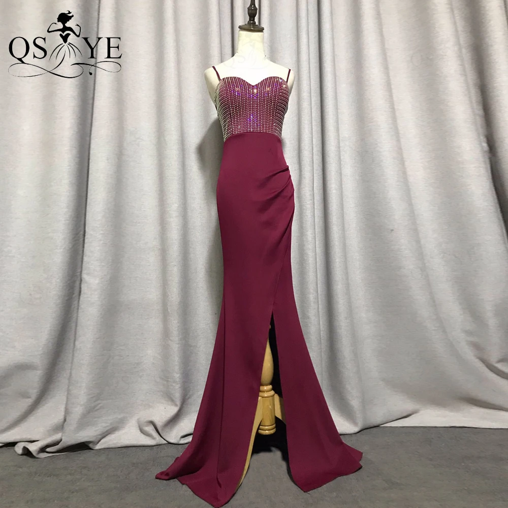 Dark Red Evening Dresses Front Split Hot Drill Bodice Long Prom Gown Sweetheart Shoulder Straps Elastic Formal Party Dress Chic