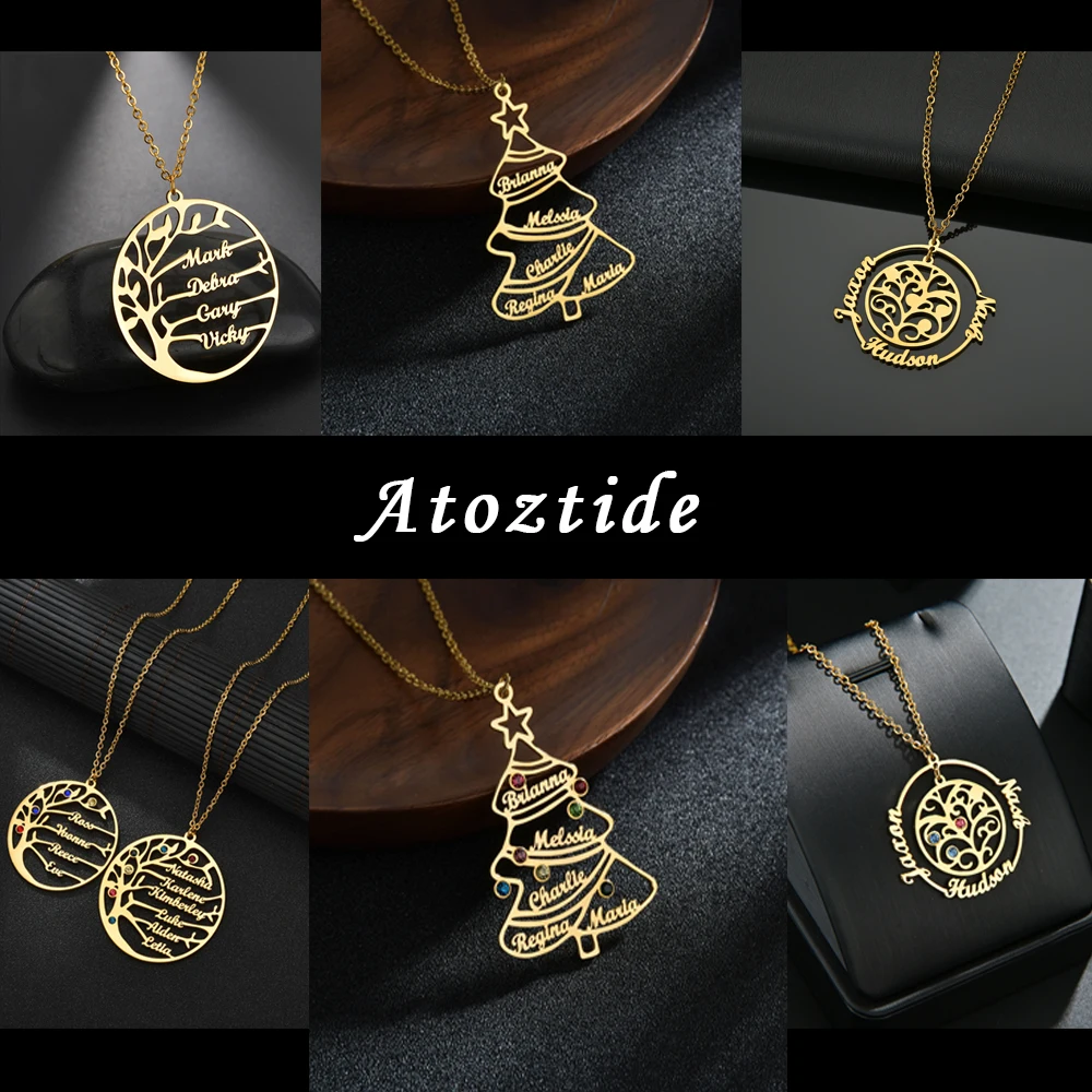 Atoztide Personalized Life Tree Custom Name Necklace Stainless Steel Birthstone Summer Family Trees for Women Letter Chain Gift