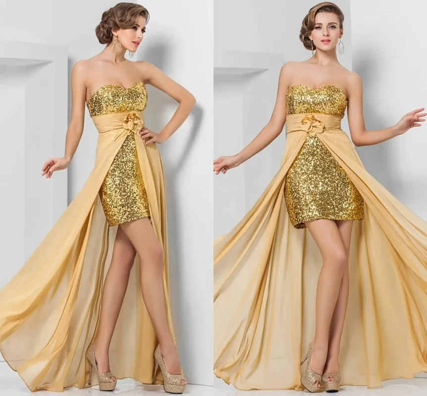 Gold High Low Beaded Sequin Prom Dress Sweetheart Ruched Split Front Flower Asymmetrical Birthday Evening Gowns Vestidos