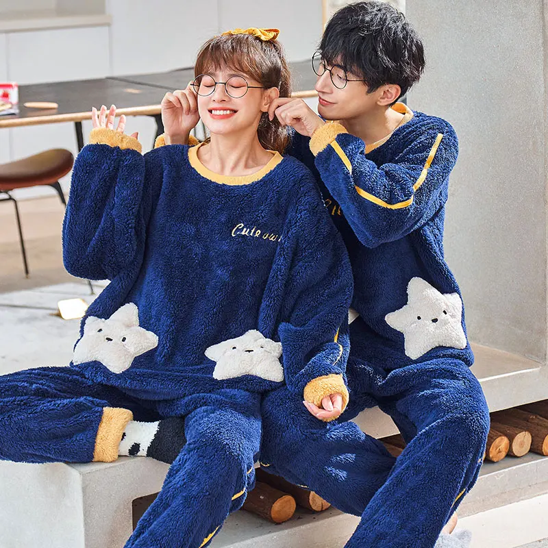 Hot Sale Lovers' Cloths Autumn Winter Casual Homewear Loungewear Matching Couple Pajama Set Flannel Sleepwear Pijama Pyjama