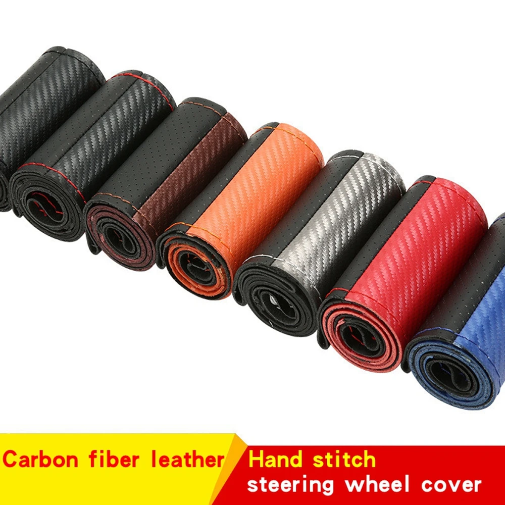 Super Fiber Leather + Carbon Fiber Leather Hand-Stitched Steering Wheel Cover With Needle And Thread Interior Accessories