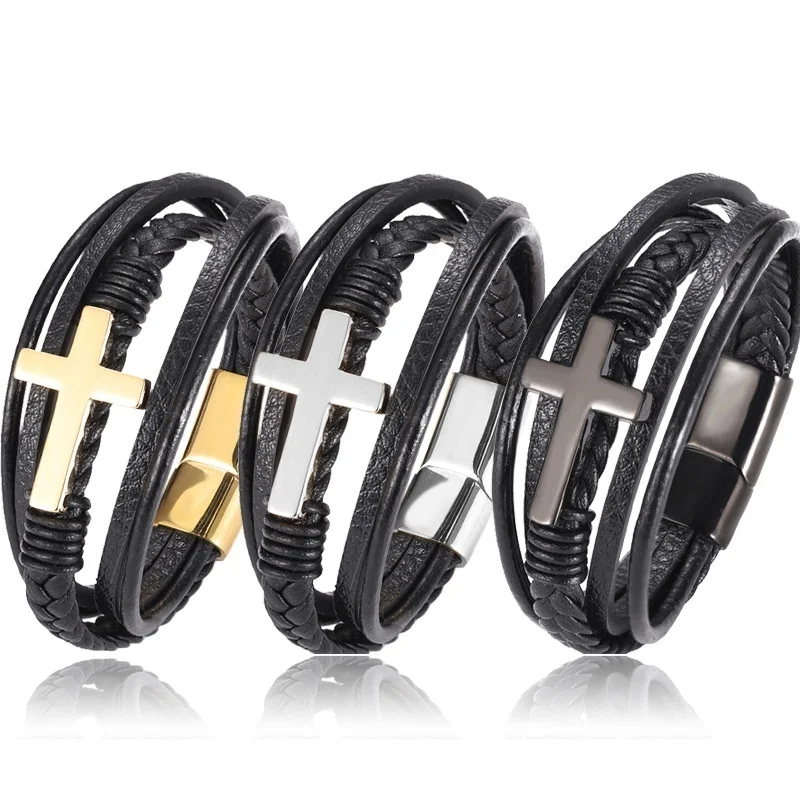 Multilayer black braided leather cross punk bracelet men\\'s religious belief jewelry casual sports matching accessories